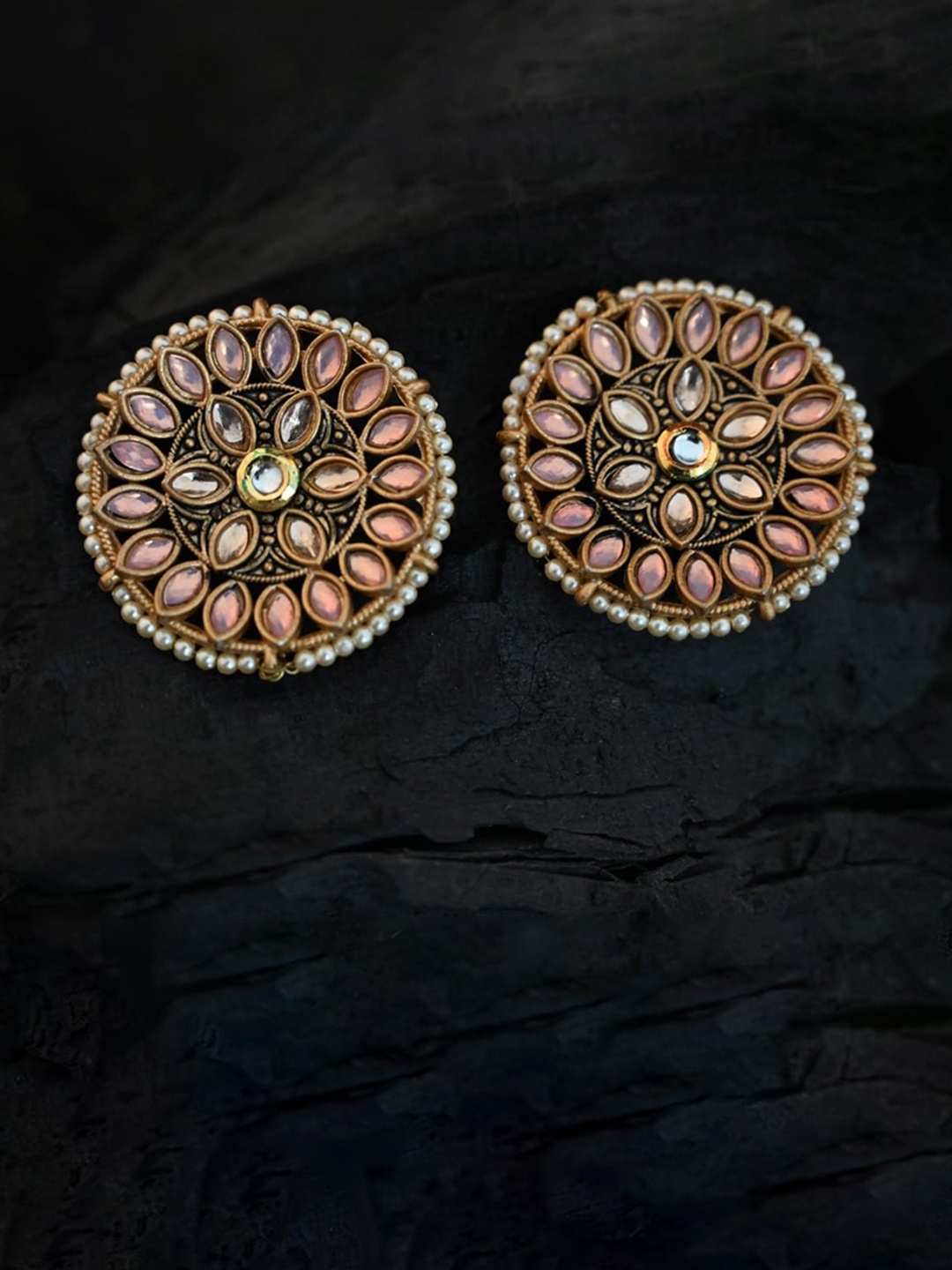 

justpeachy Pink & Gold-Plated Ethnic Studs With Artificial Stone Embellishment