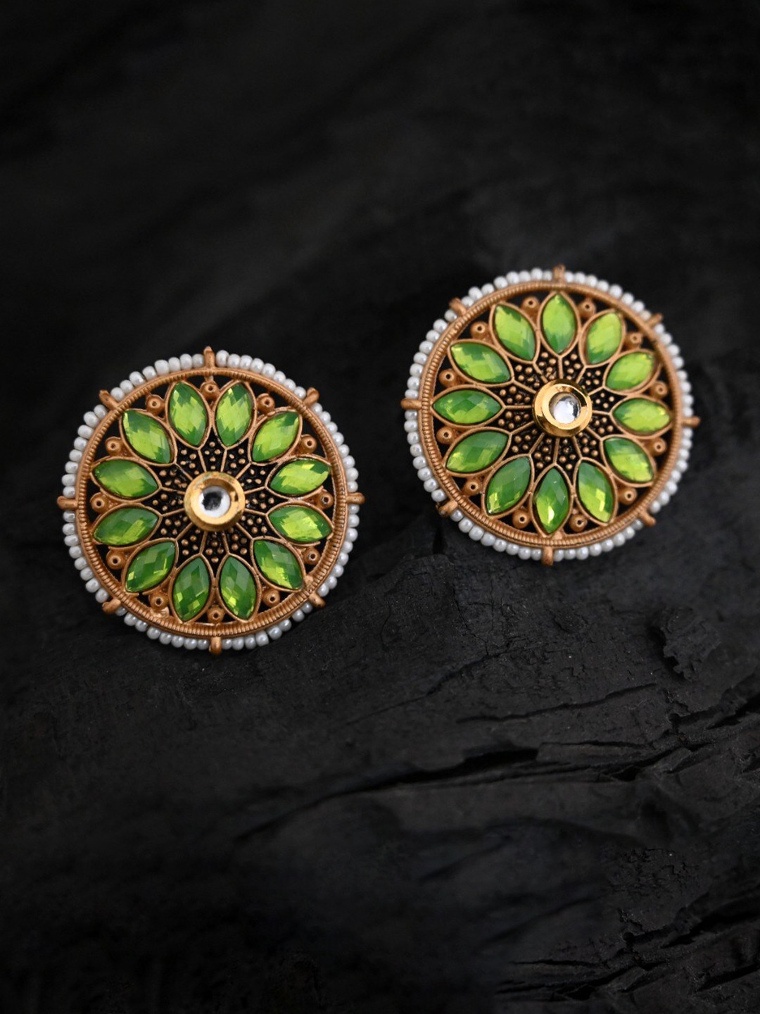 

justpeachy Gold-Plated Green & White Circular Studs Earrings