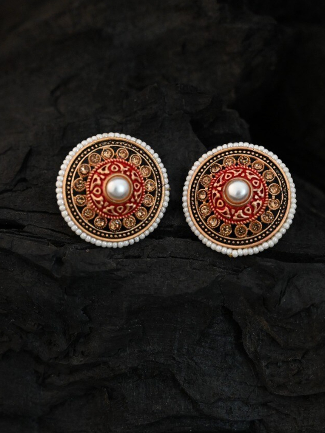 

justpeachy Gold-Toned & Red Circular Studs Earrings