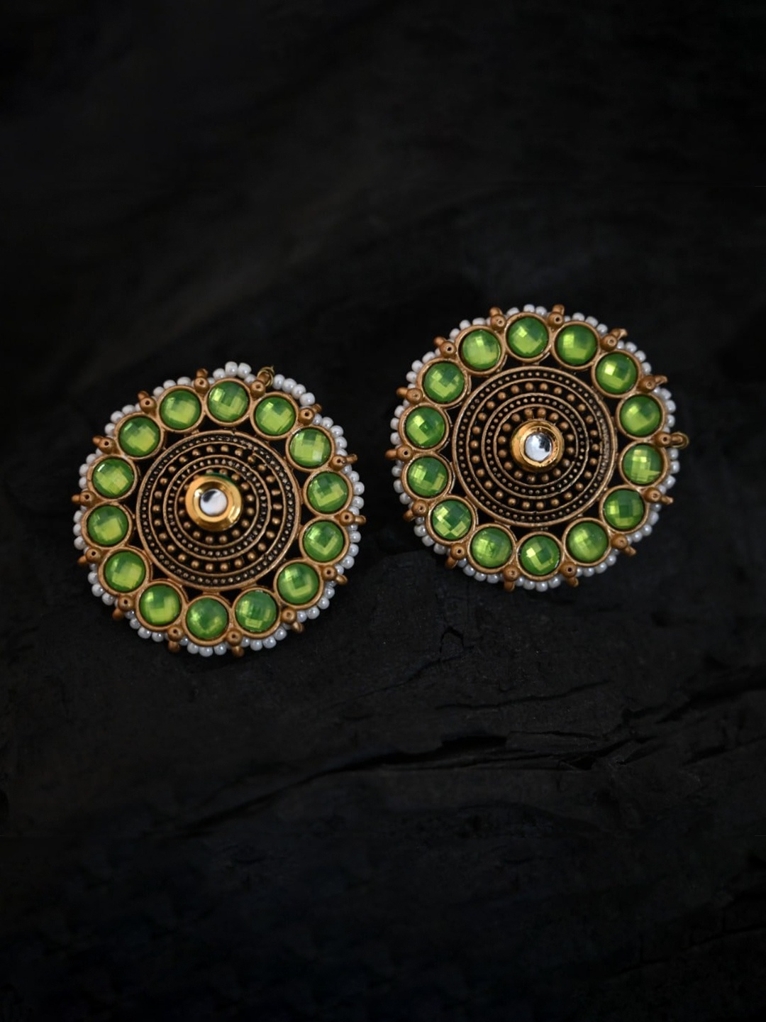 

justpeachy Green & Gold-Plated Circular Studs Earrings
