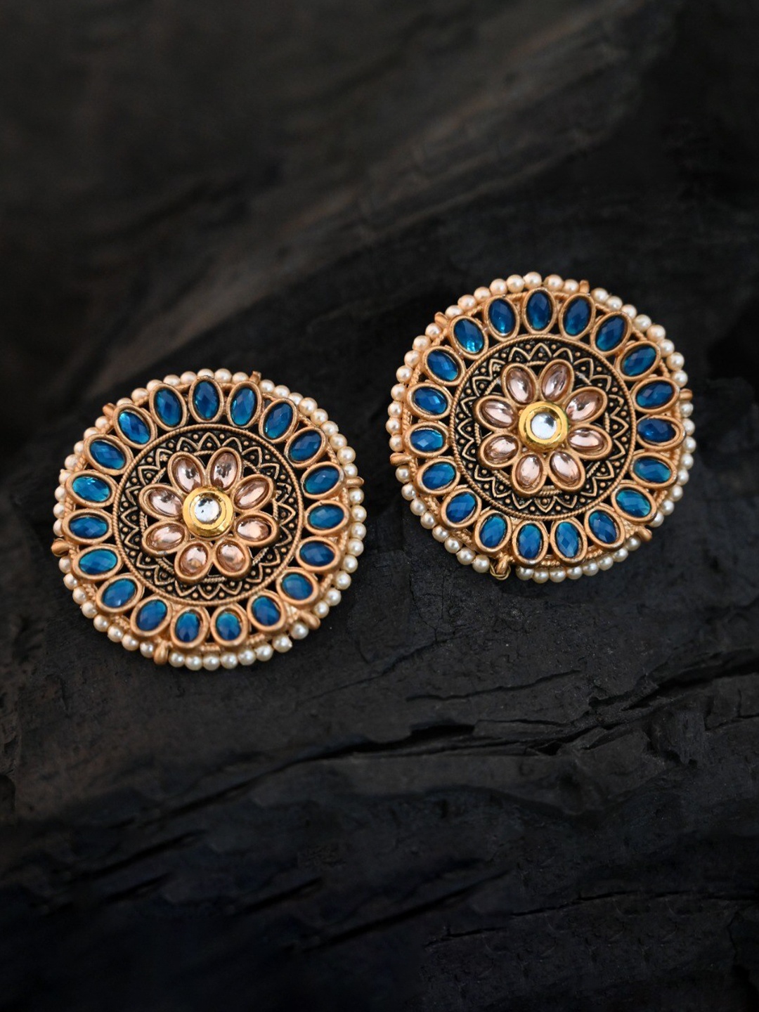

justpeachy Blue & Gold-Plated Ethnic Studs With Artificial Stone Embellishment