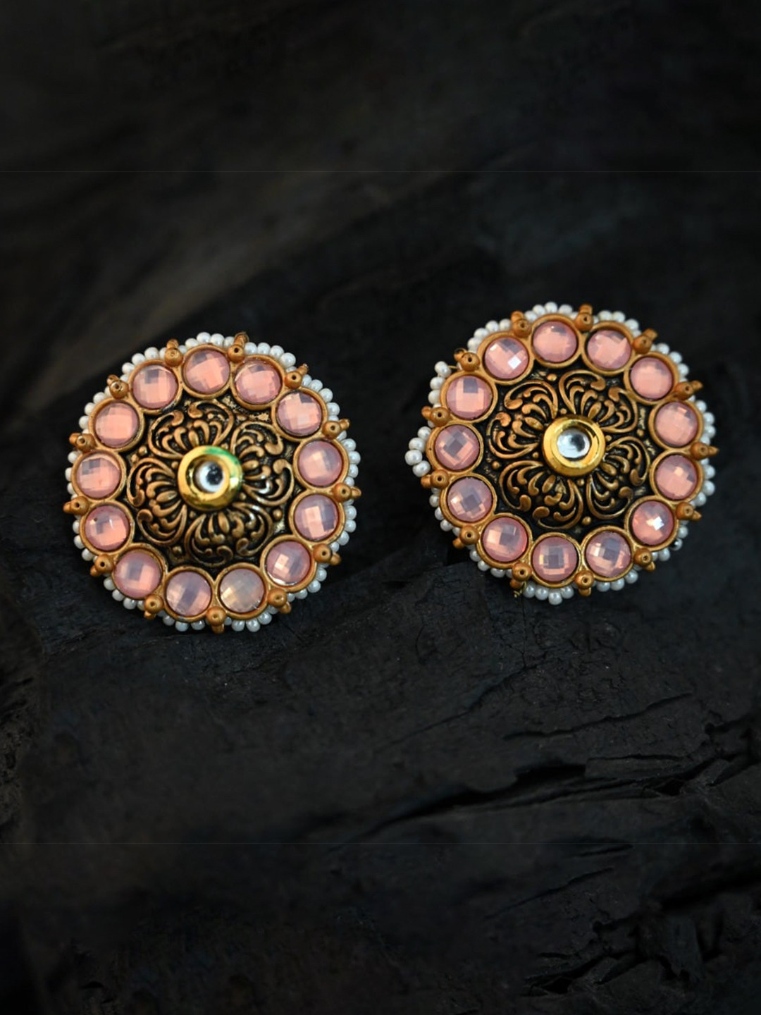 

justpeachy Pink & Gold-Toned Artificial Stone Studded Circular Studs Earrings