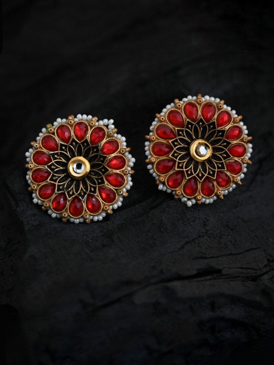 

justpeachy Red & Gold-Plated Circular Studs Earrings