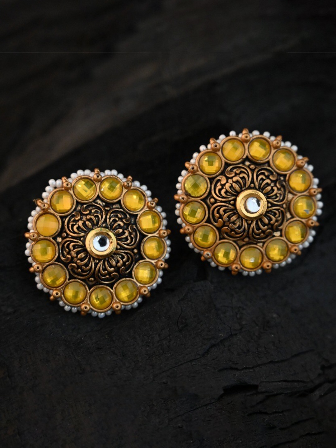 

justpeachy Gold-Toned & Yellow Circular Studs Earrings