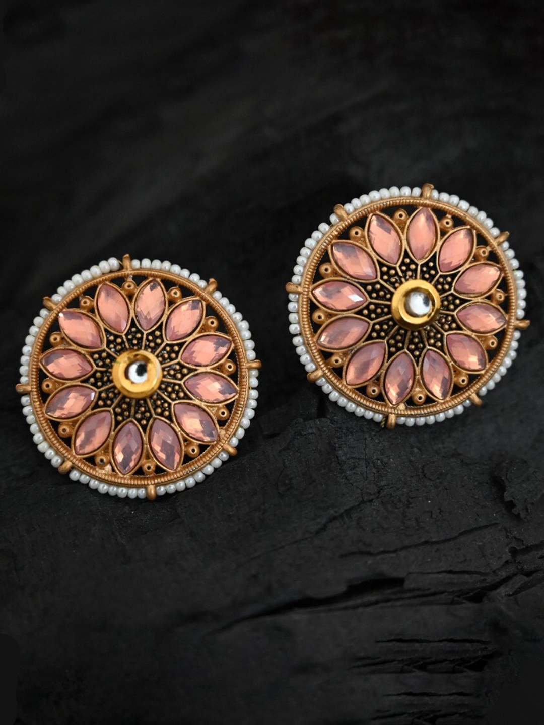 

justpeachy Pink & Gold-Plated Ethnic Studs With Artificial Stone Embellishment
