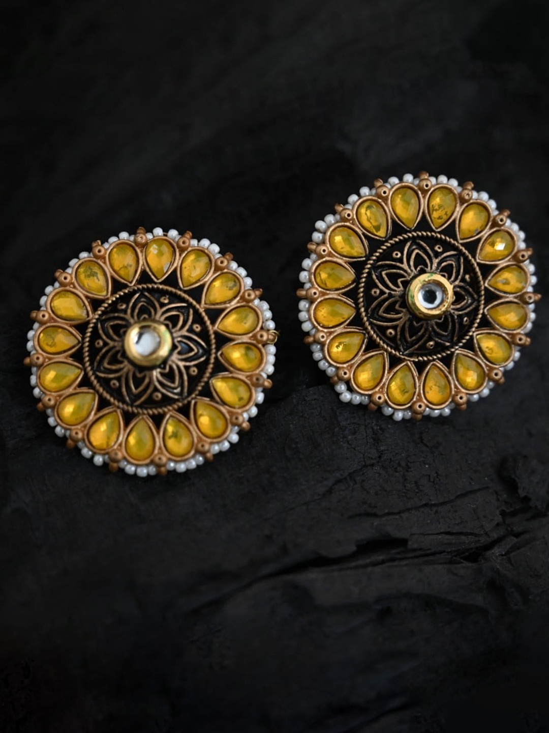 

justpeachy Yellow & Gold-Plated Ethnic Studs With Artificial Stone Embellishment