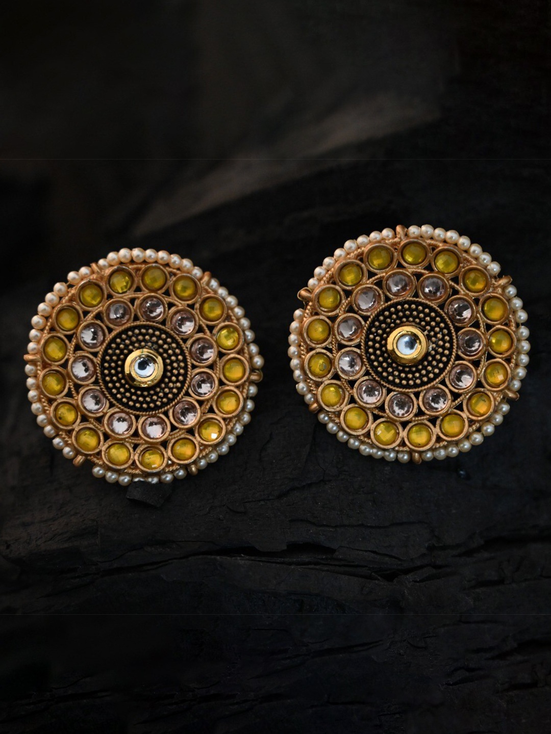 

justpeachy Yellow & Gold-Plated Ethnic Studs With Artificial Stone Embellishment