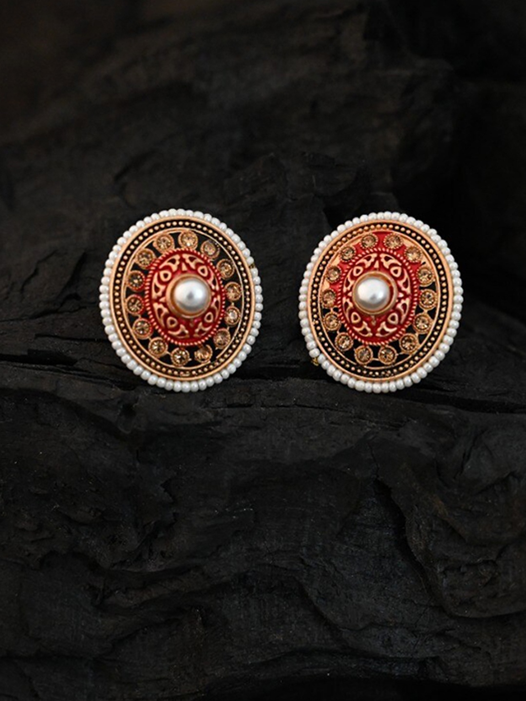 

justpeachy Red & Gold-Plated Ethnic Studs With Pearl Embellishment