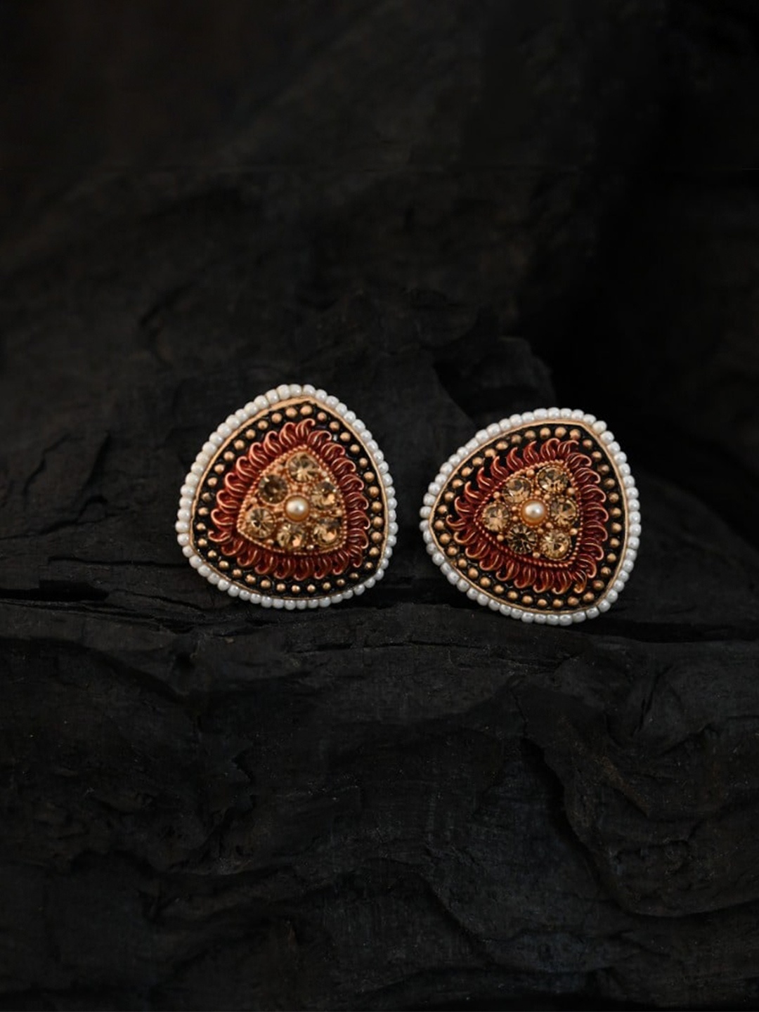 

justpeachy Red & Gold-Plated Ethnic Studs With Artificial Stone Embellishment