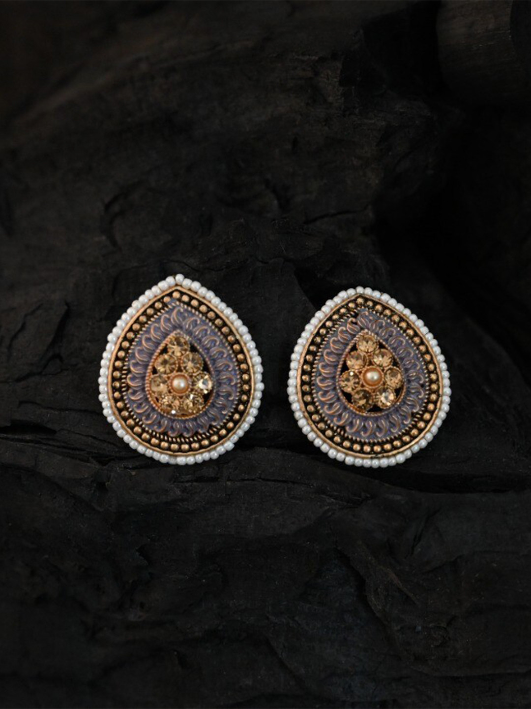 

justpeachy Gold-Plated & Grey Teardrop Shaped Studs Earrings