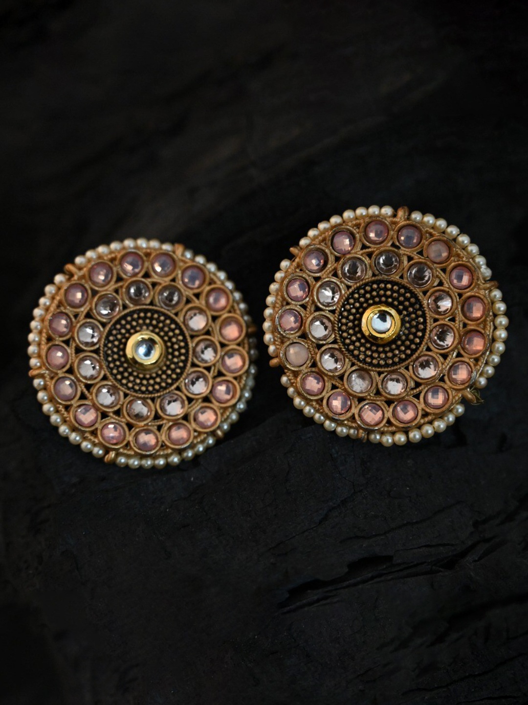 

justpeachy Pink & Gold-Plated Ethnic Studs With Artificial Stone Embellishment