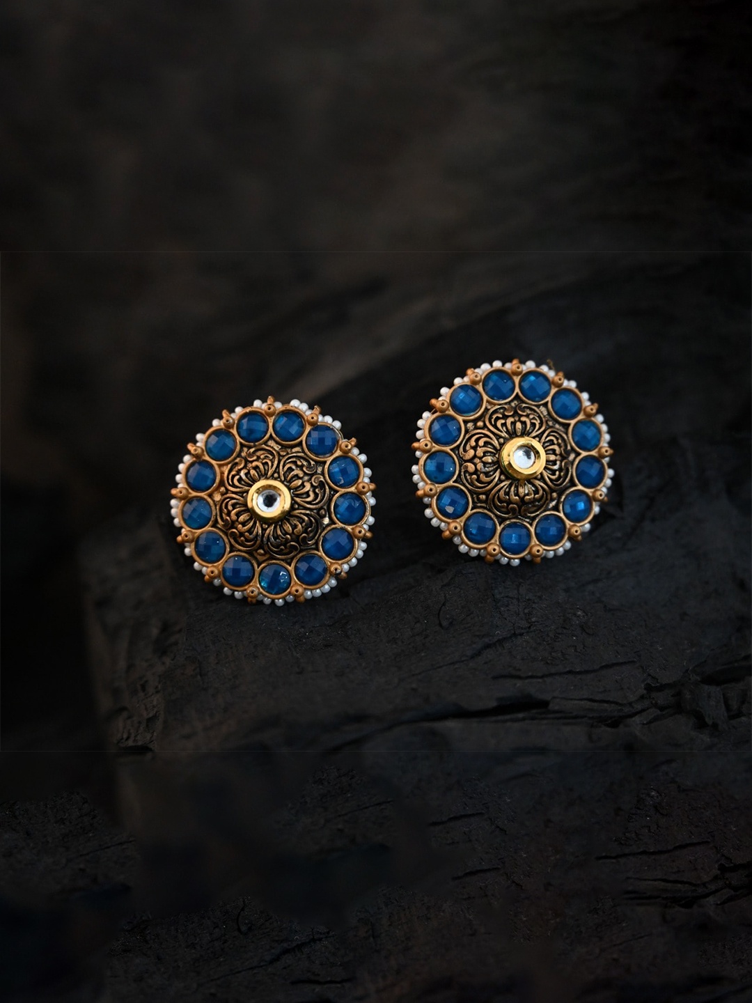 

justpeachy Blue & Gold-Plated Ethnic Studs With Artificial Stone Embellishment