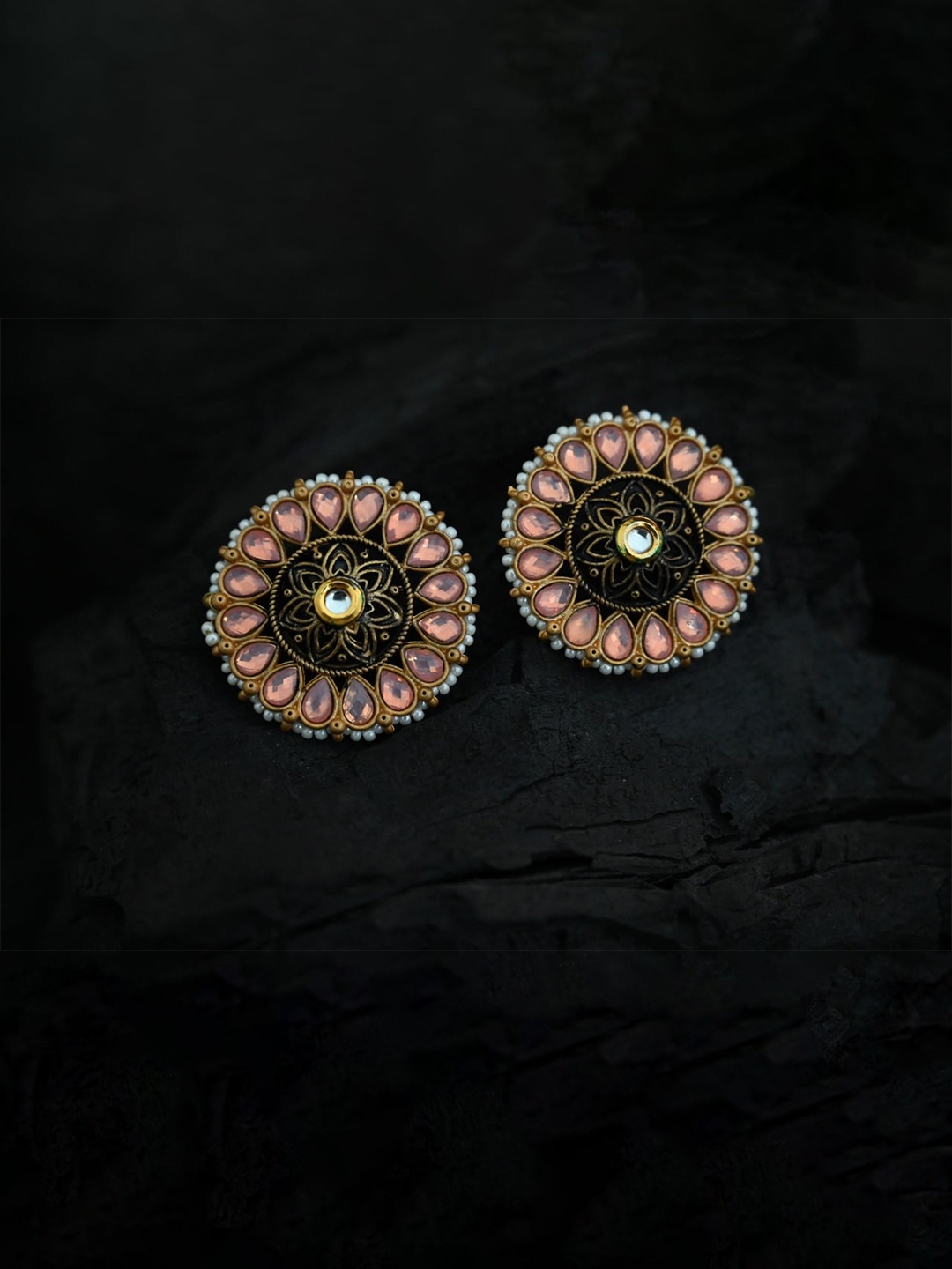 

justpeachy Pink & Gold-Plated Ethnic Studs With Artificial Stone Embellishment