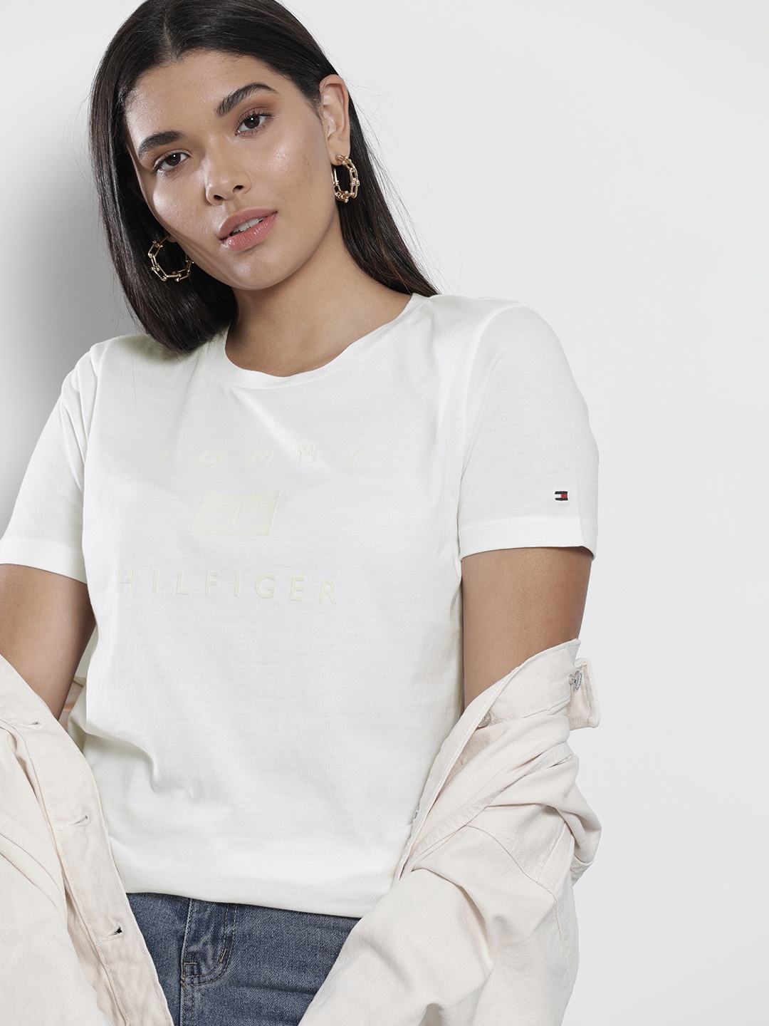 

Tommy Hilfiger Women White Brand Logo Printed Pure Cotton T-shirt