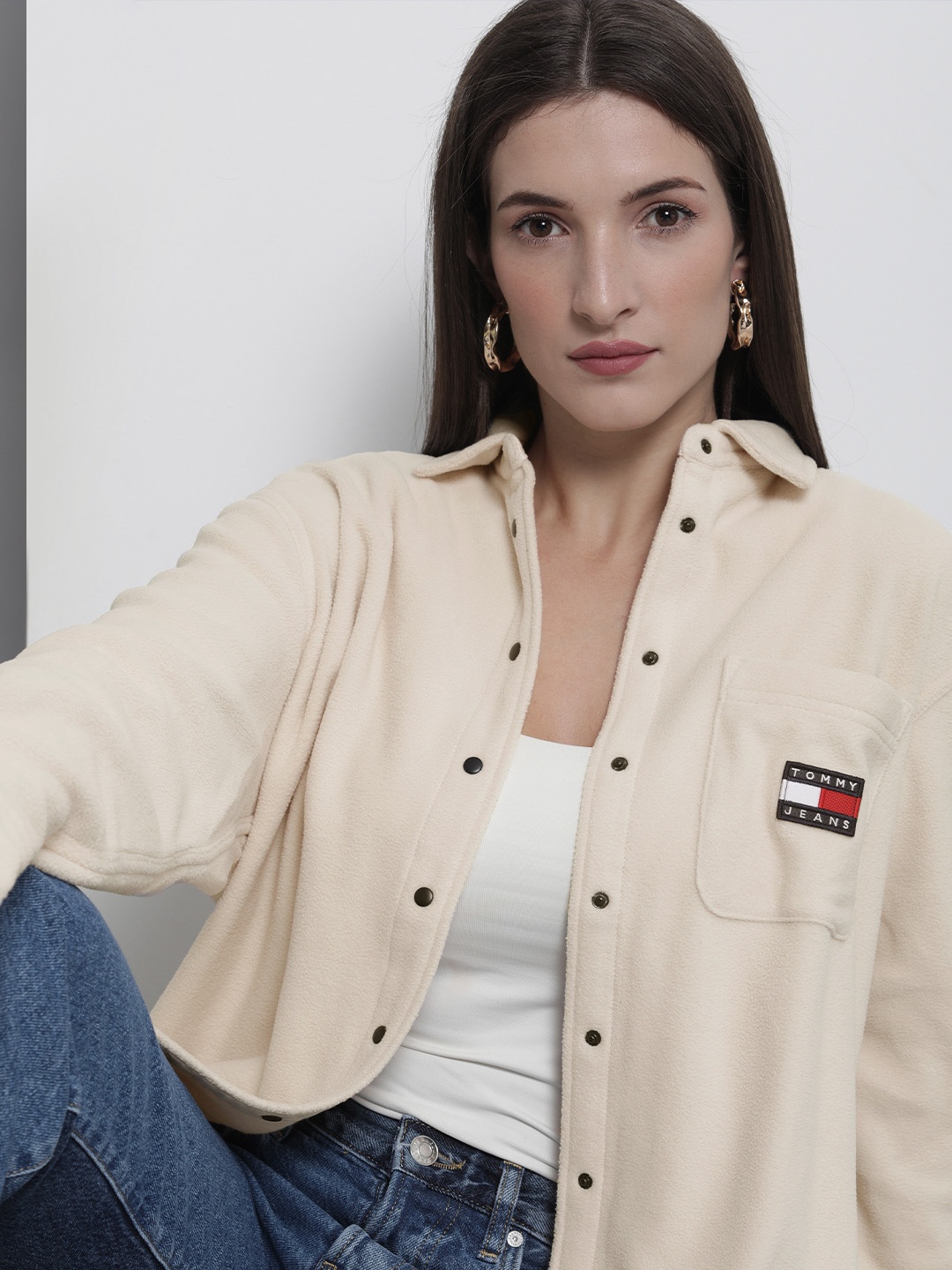 

Tommy Hilfiger Women Beige Solid Regular Fit High-Low Hem Casual Shirt