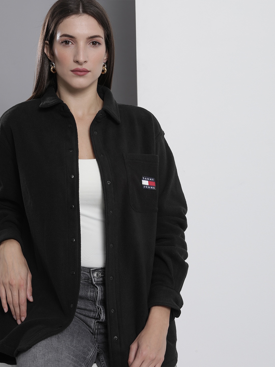 

Tommy Hilfiger Women Black Solid Regular Fit High-Low Hem Casual Shirt