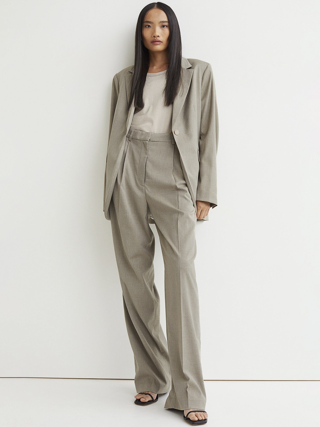 

H&M Women Grey & Beige Wide Crease-Leg Trousers