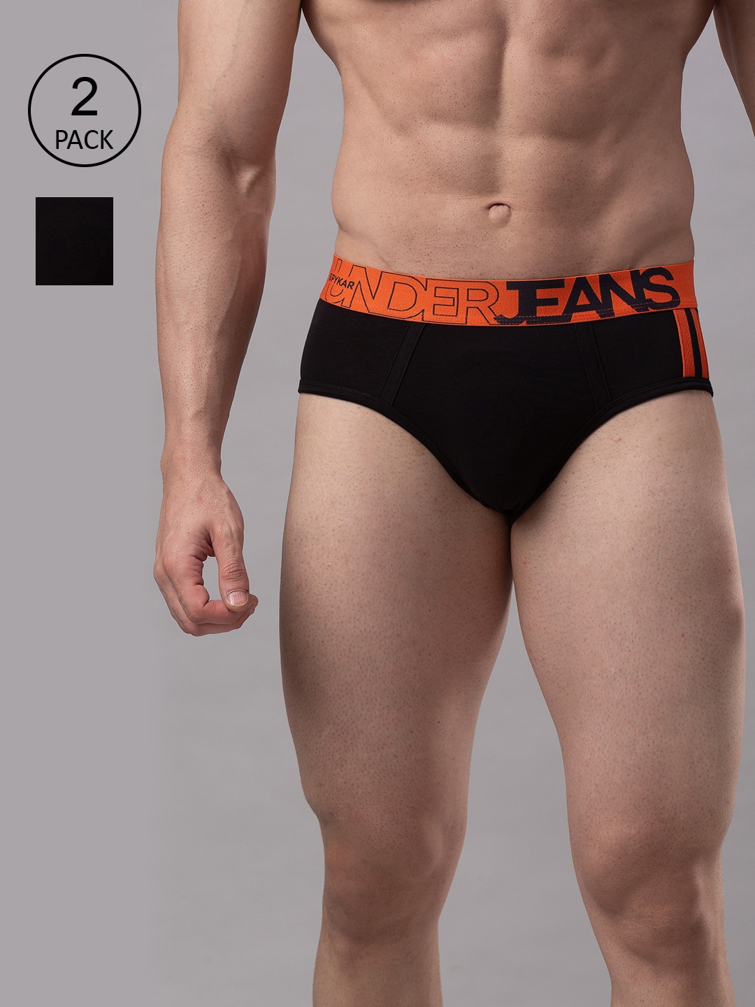 

UnderJeans by Spykar Men Pack Of 2 Black & Orange Solid Basic Briefs