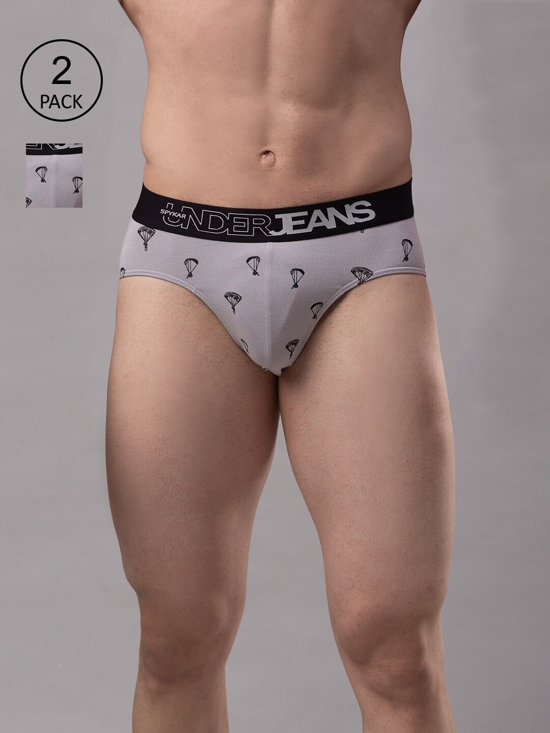 

UnderJeans by Spykar Men Pack Of 2 Grey & Black Printed Basic Briefs UJMBRPBC029Grey