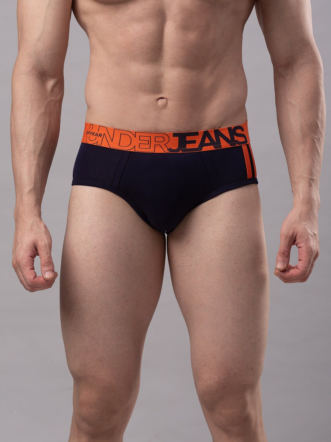 

UnderJeans by Spykar Men Navy Blue & Orange Solid Basic Briefs UJMBRPBS011NAVYORANGE