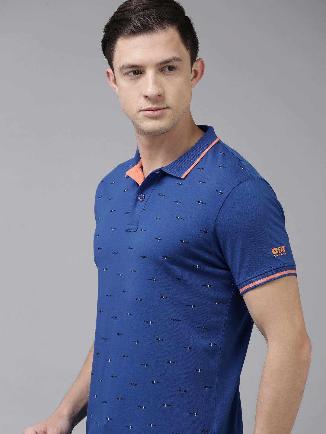 

BEAT LONDON by PEPE JEANS Men Blue Printed Pure Cotton Polo Collar Pure Cotton T-shirt