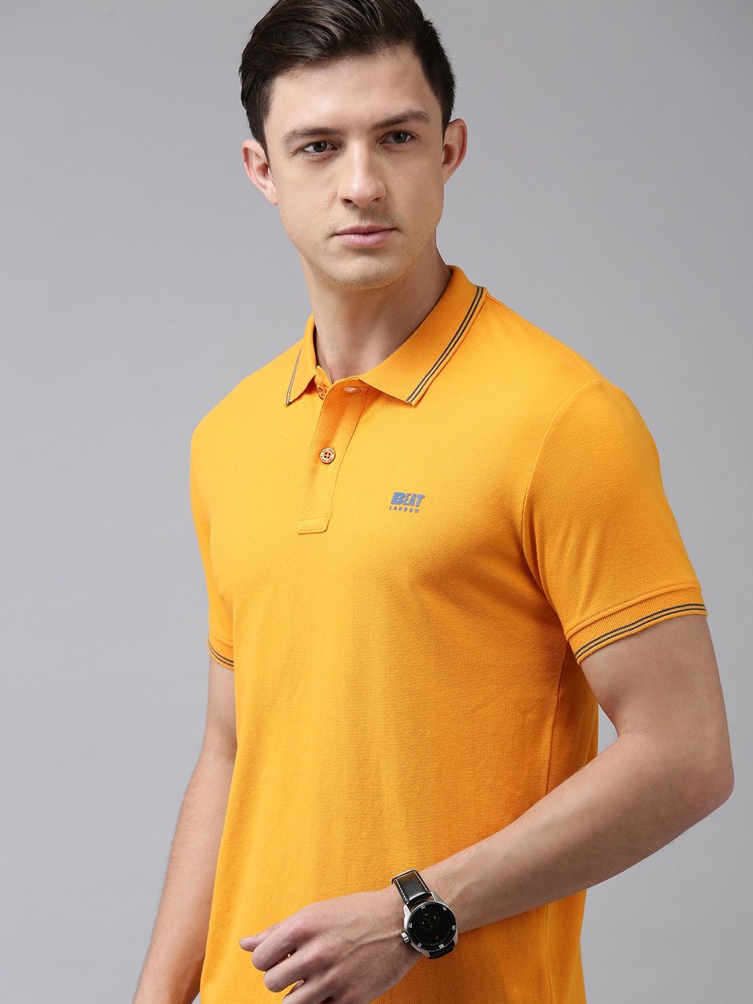 

BEAT LONDON by PEPE JEANS Men Orange Solid Polo Collar Pure Cotton T-shirt