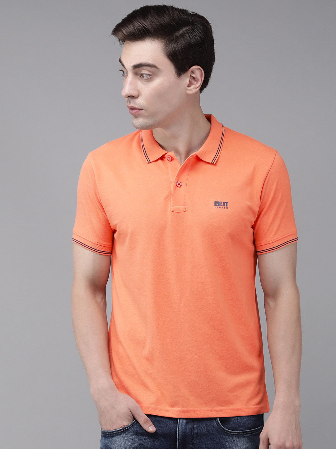 

BEAT LONDON by PEPE JEANS Men Orange Solid Polo Collar Casual Pure Cotton T-shirt