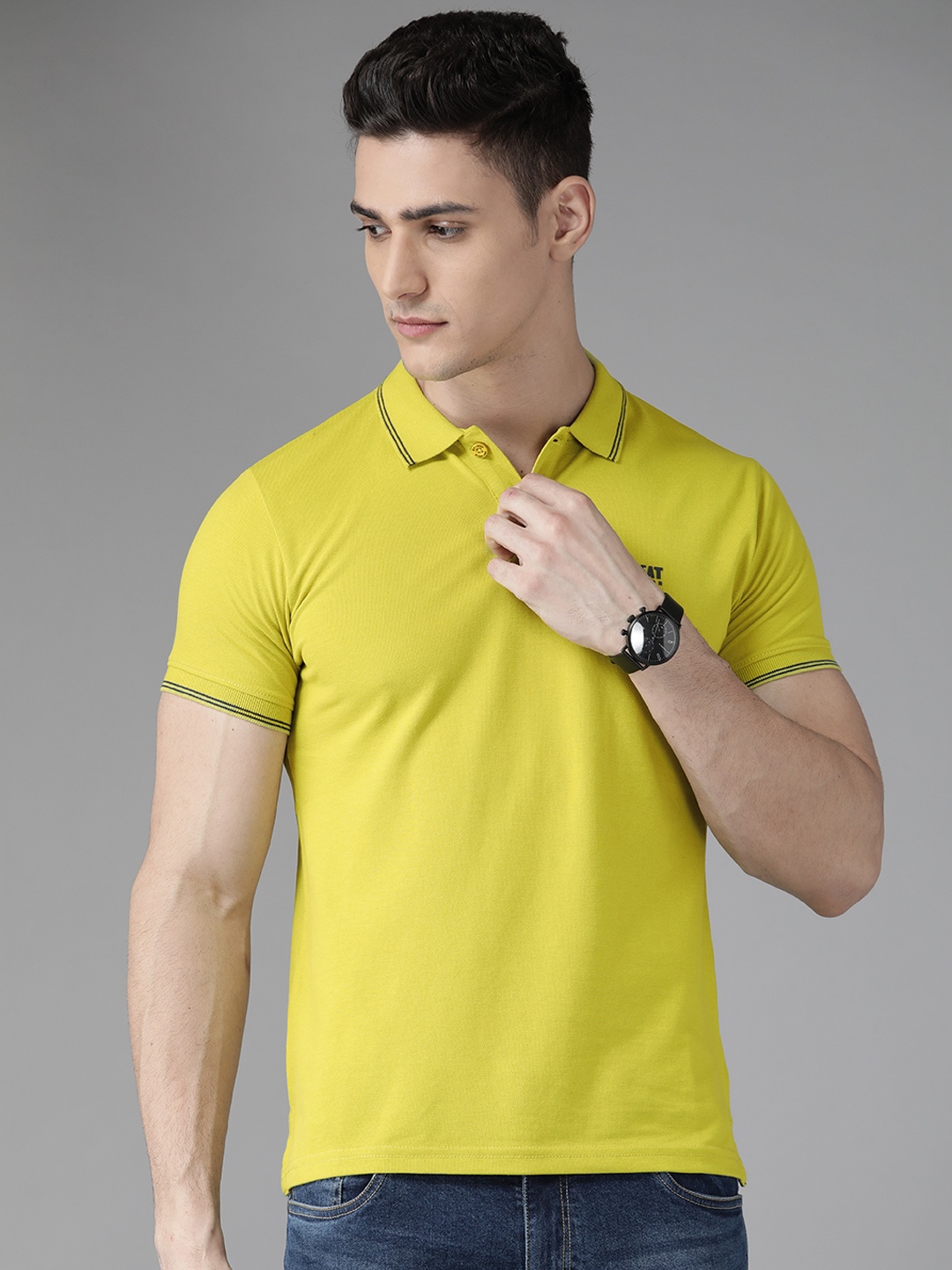 

BEAT LONDON by PEPE JEANS Men Green Solid Polo Collar Casual Pure Cotton T-shirt