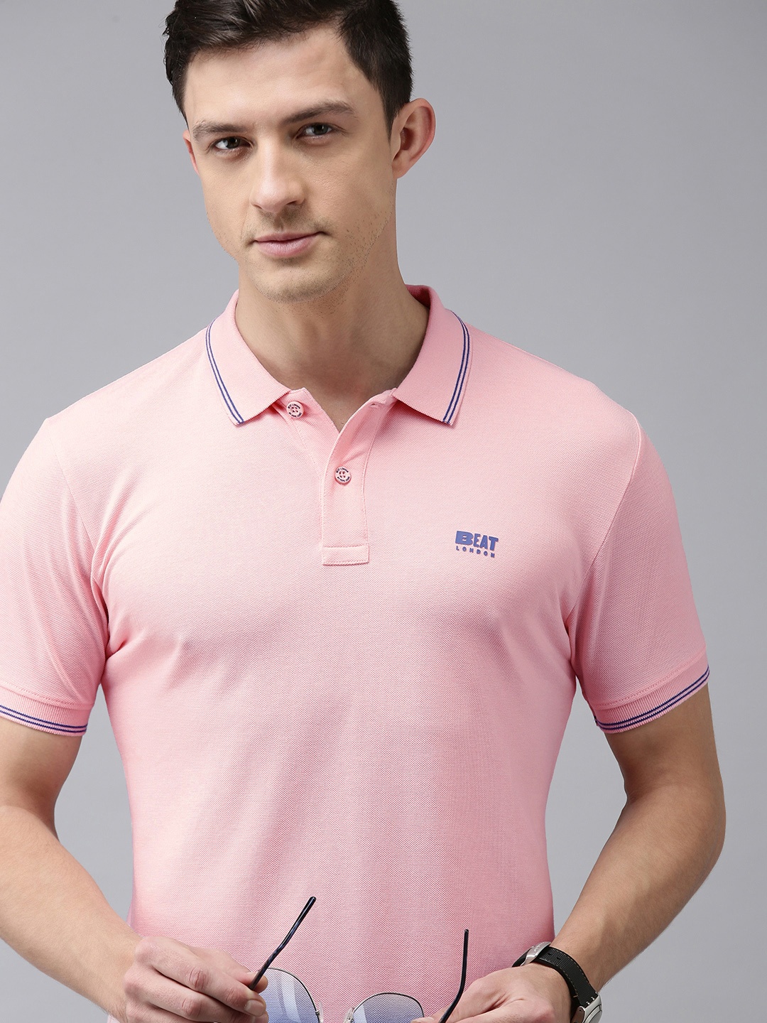 

BEAT LONDON by PEPE JEANS Men Pink Solid Polo Collar Pure Cotton T-shirt