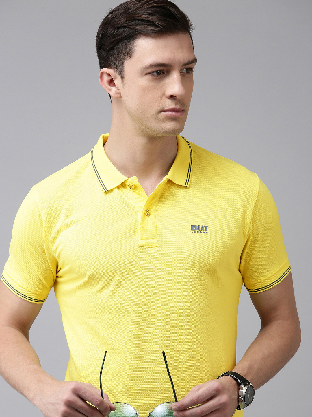 

BEAT LONDON by PEPE JEANS Men Yellow Solid Polo Collar Slim Fit Pure Cotton T-shirt