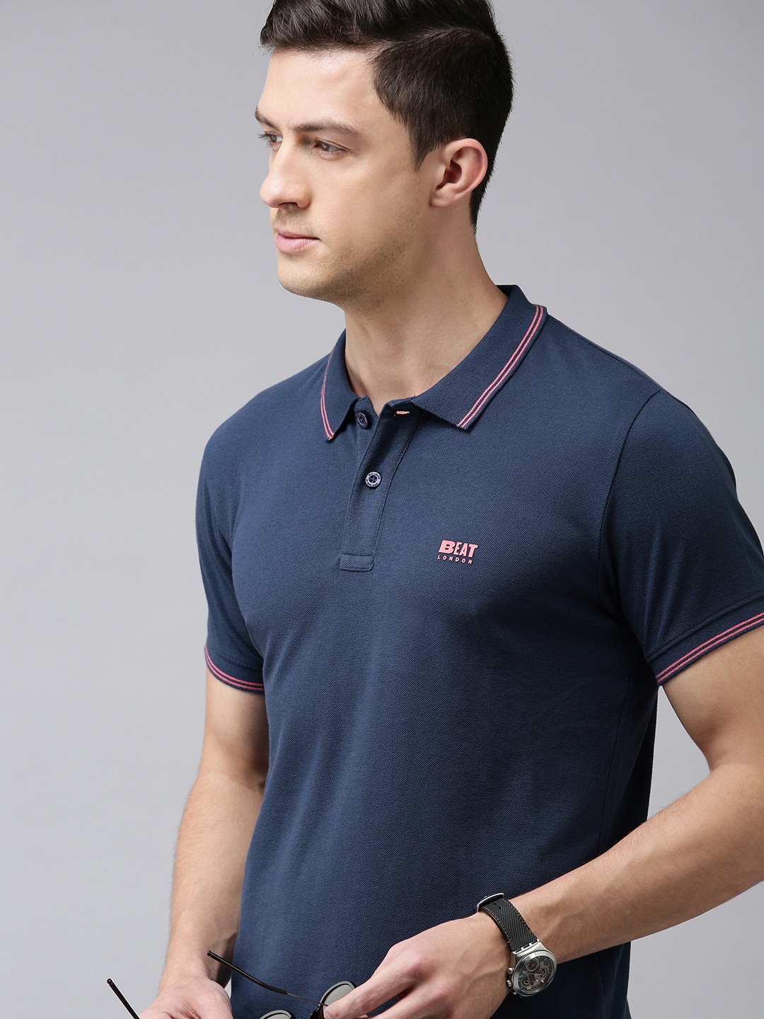 

BEAT LONDON by PEPE JEANS Men Blue Solid Polo Collar Pure Cotton T-shirt