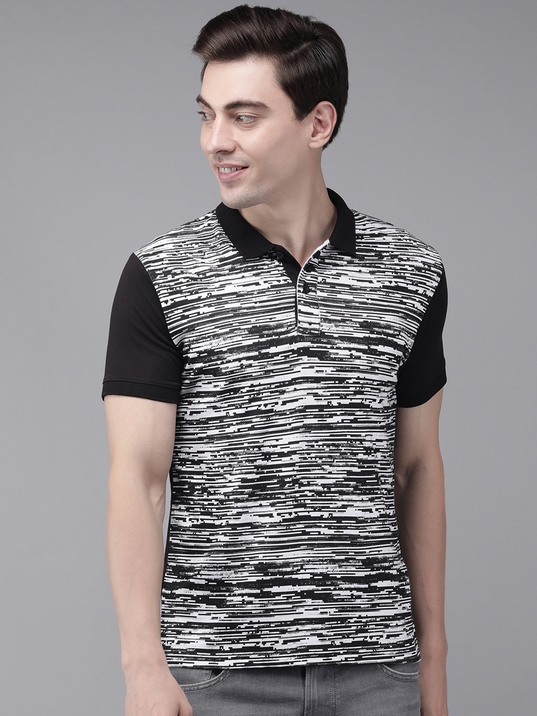 

BEAT LONDON by PEPE JEANS Men Black White Printed Polo Collar Pure Cotton T-shirt