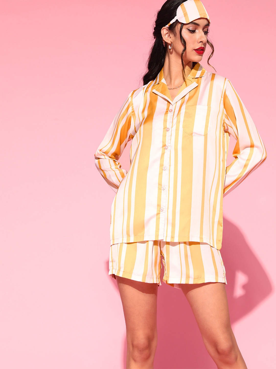 

DRAPE IN VOGUE Women Bright Yellow Striped Satin Night Suit