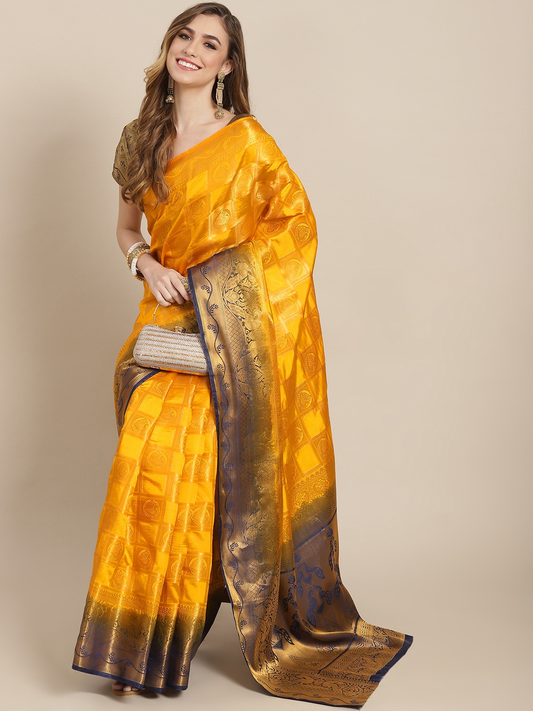 

SERONA FABRICS Yellow & Navy Blue Ethnic Motifs Zari Silk Blend Ready to Wear Banarasi Saree