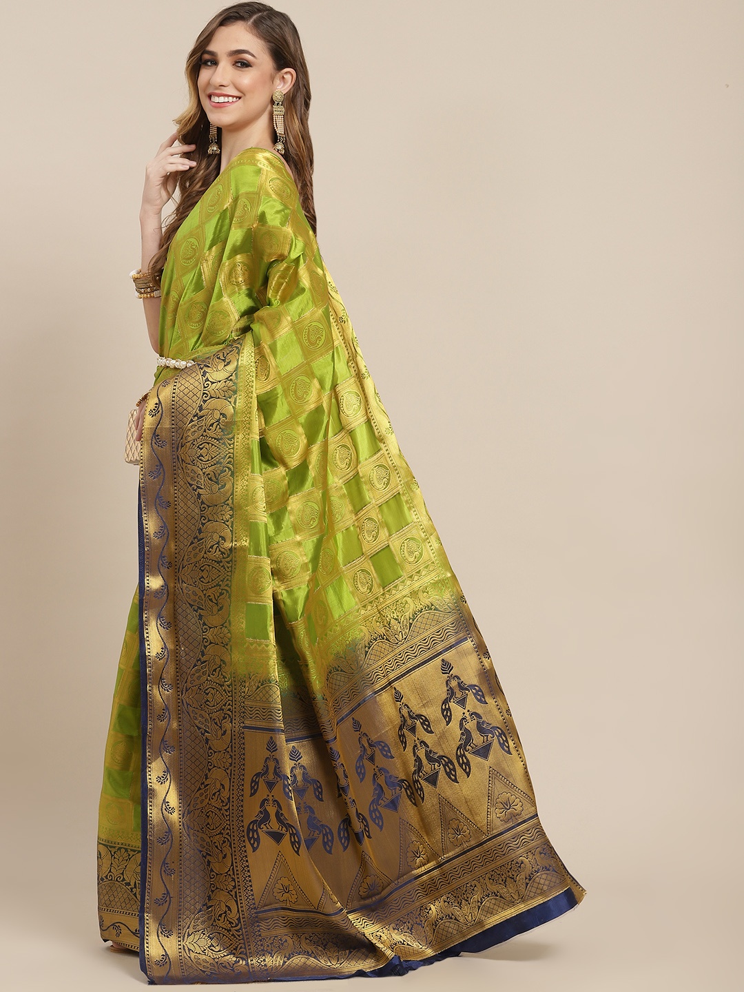 

SERONA FABRICS Lime Green & Navy Blue Woven Design Zari Silk Blend Ready to Wear Banarasi Saree