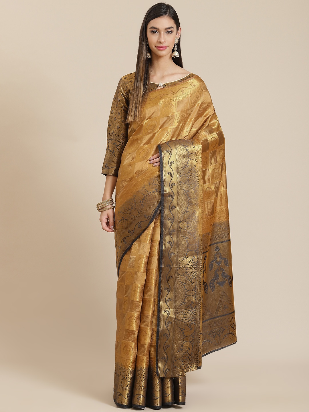 

SERONA FABRICS Gold-Toned Ethnic Motifs Zari Jacquard Silk Blend Banarasi Saree