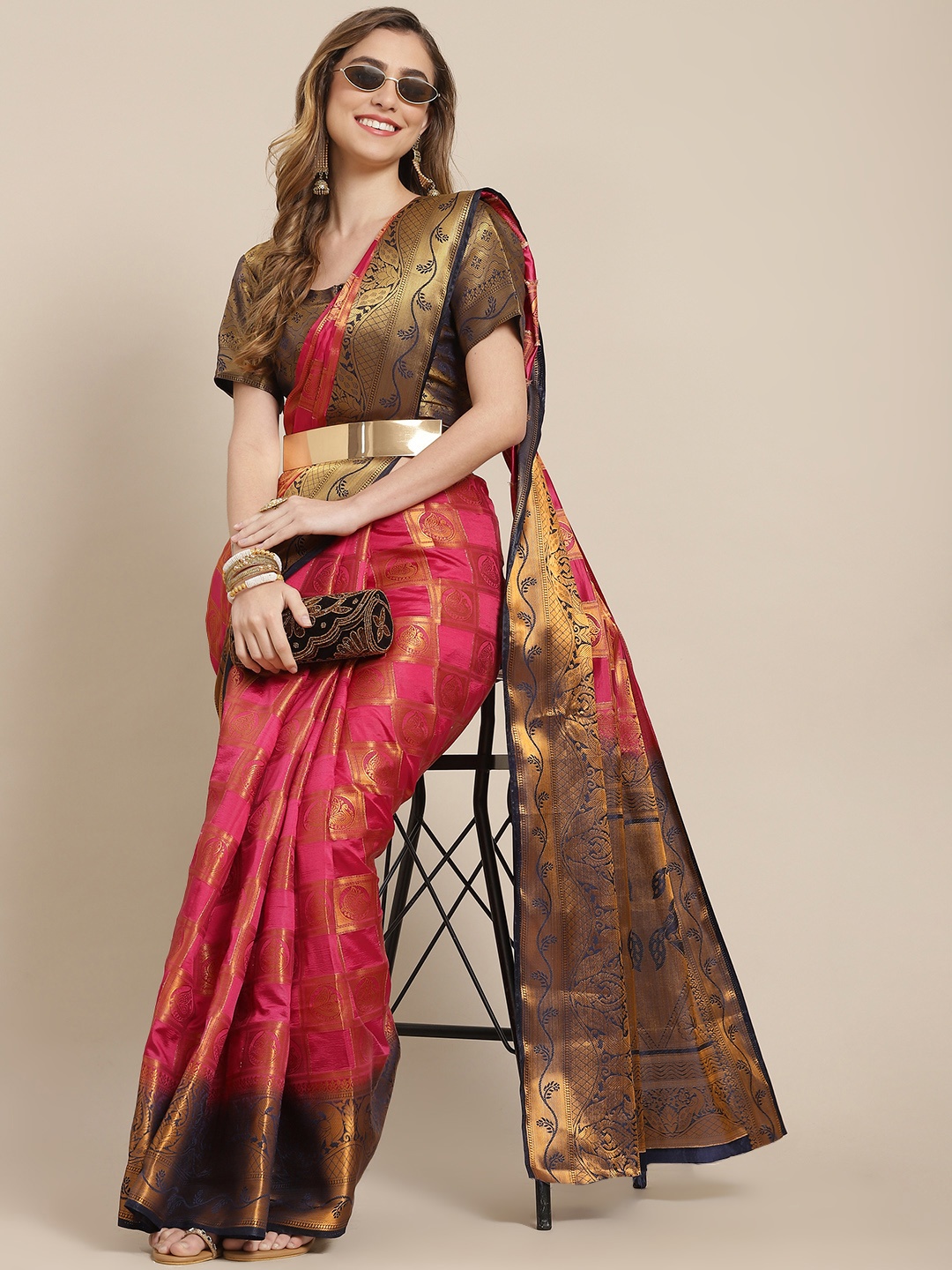 

SERONA FABRICS Pink & Navy Blue Ethnic Motifs Zari Silk Blend Ready to Wear Banarasi Saree