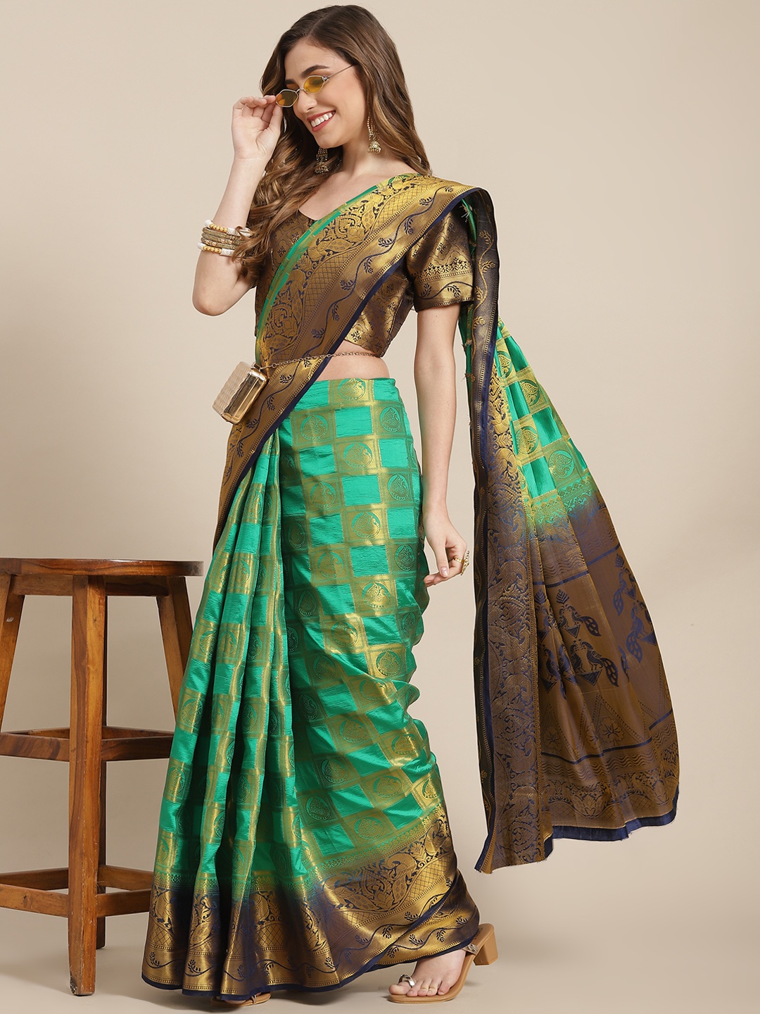 

SERONA FABRICS Green & Navy Blue Woven Design Zari Silk Blend Ready to Wear Banarasi Saree