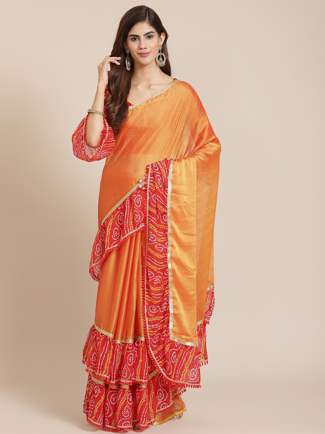 

SERONA FABRICS Orange & Red Pure Chiffon Ruffles Bandhani Saree