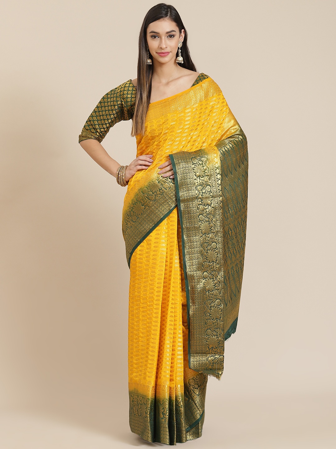 

SERONA FABRICS Yellow & Green Woven Design Zari Silk Cotton Ready to Wear Banarasi Saree