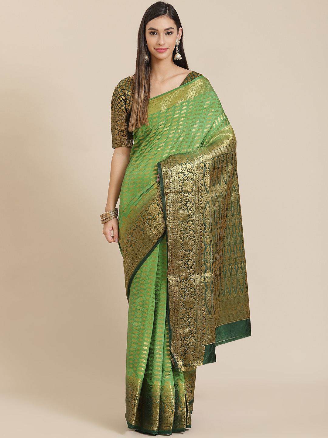 

SERONA FABRICS Green Ethnic Motifs Zari Silk Cotton Banarasi Saree