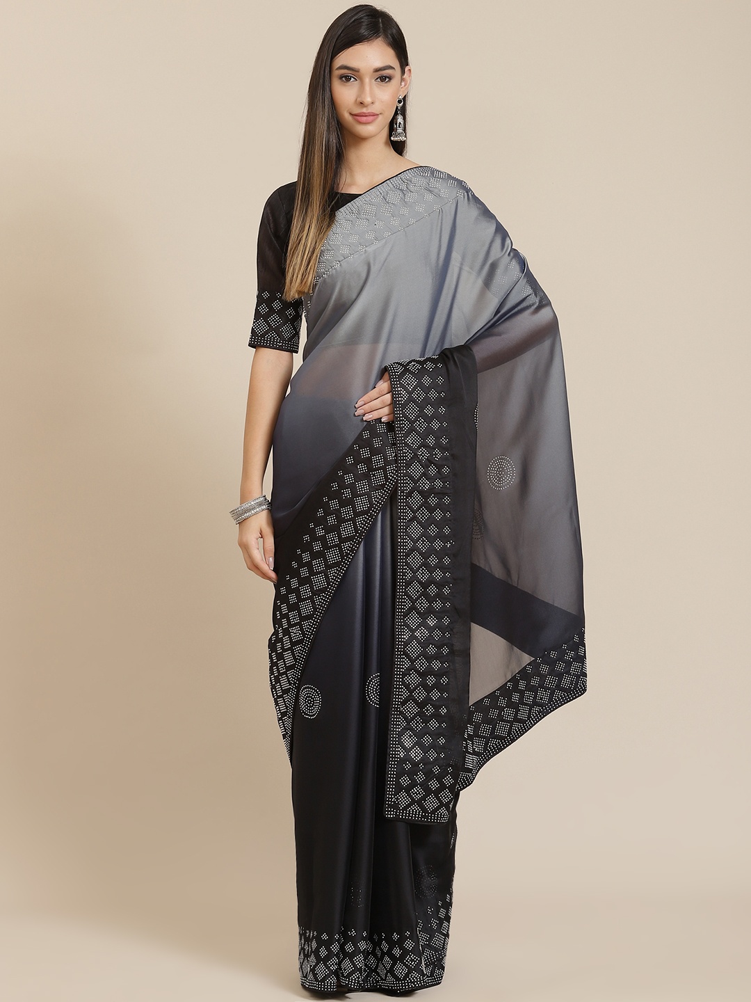 

SERONA FABRICS Black & Grey Rangoli Two Tone Studded Saree