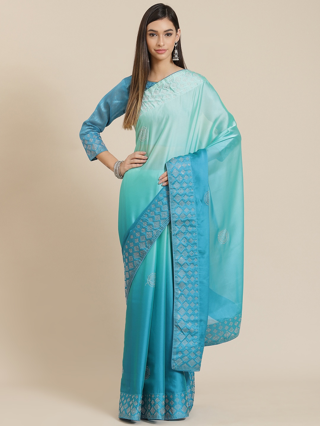 

SERONA FABRICS Turquoise Blue Tone Shade Stone Work Saree