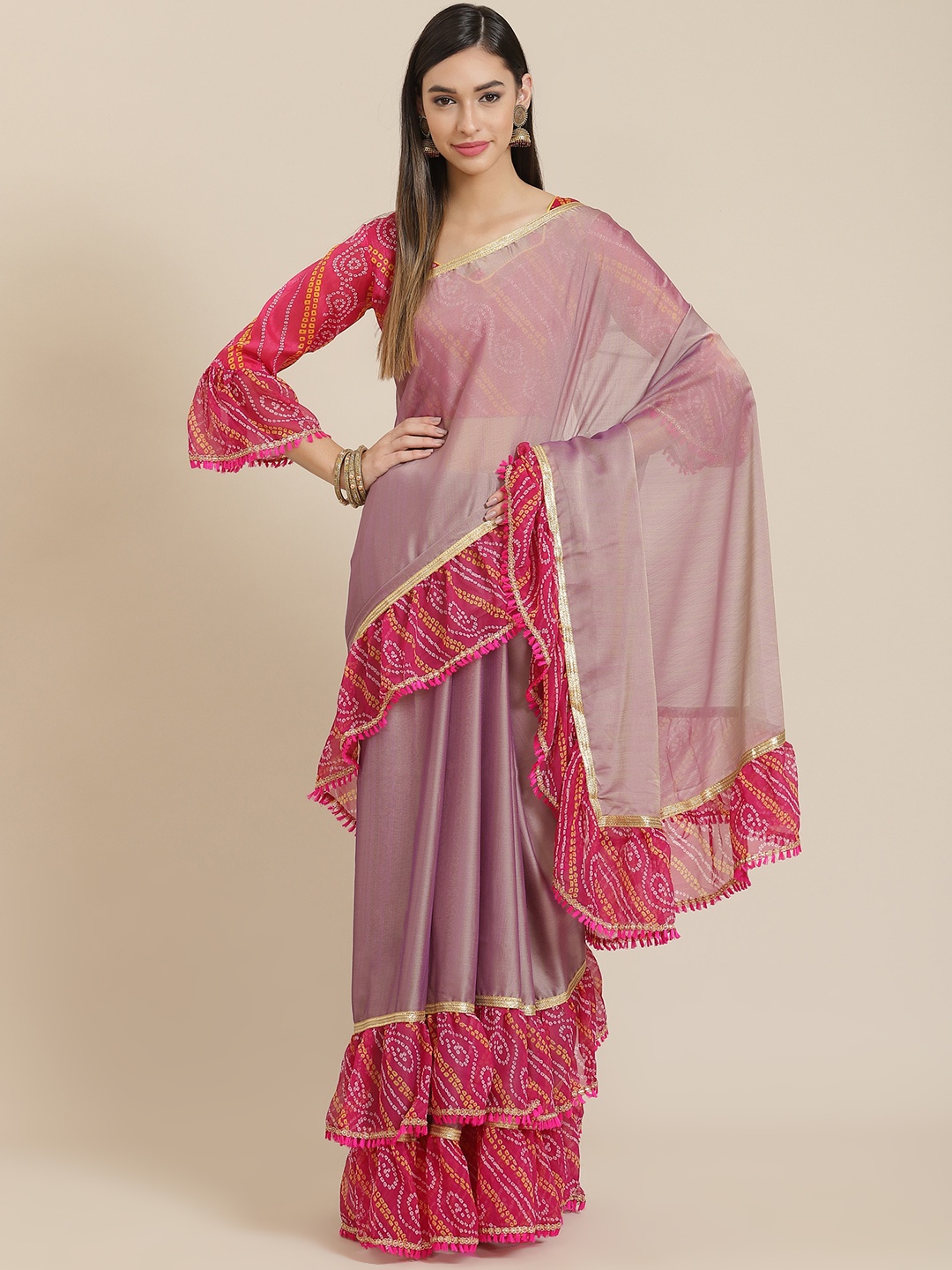 

SERONA FABRICS Pink Bandhani Ruffled Pure Chiffon Saree