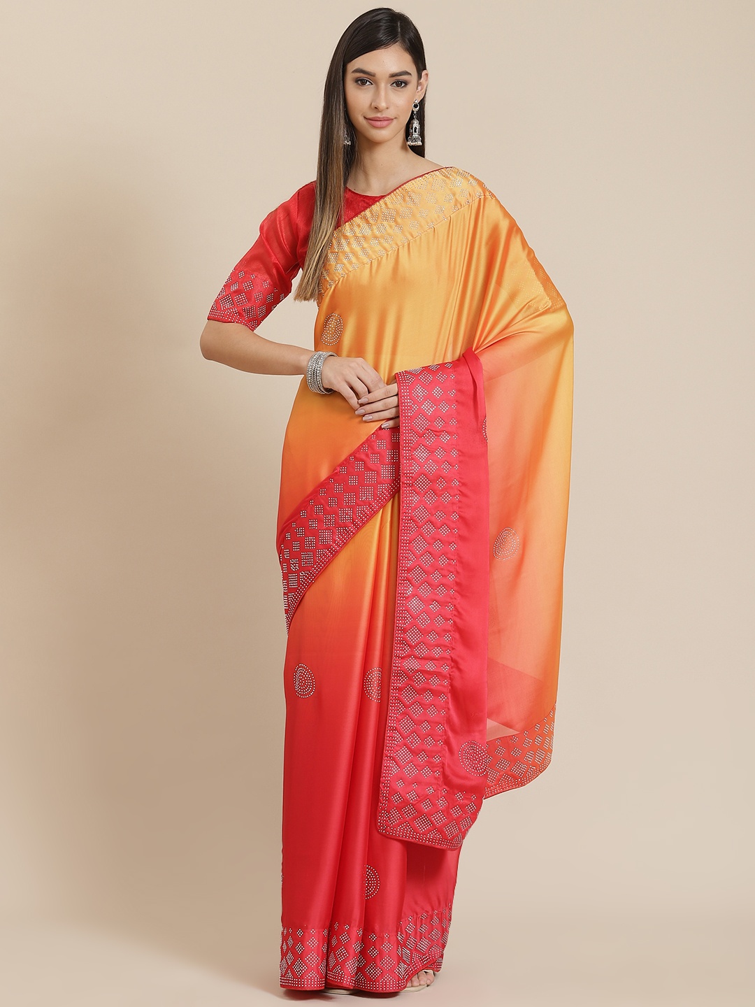 

SERONA FABRICS Red & Orange Ombre Mirror Work Saree