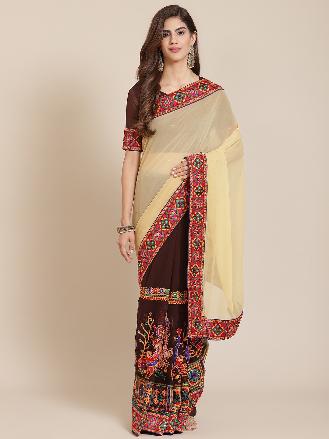 SERONA FABRICS Beige & Brown Embellished Kutchi Embroidery Pure Georgette Half and Half Saree