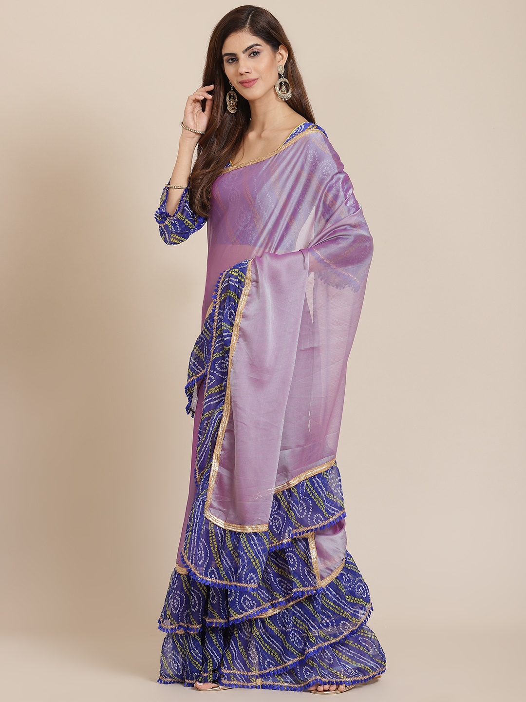

SERONA FABRICS Lavender & Blue Bandhani Pure Chiffon Ruffle Bandhej Saree