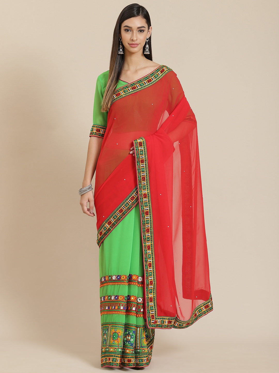 

SERONA FABRICS Red & Green Embellished Kutchi Embroidery Pure Georgette Half and Half Saree