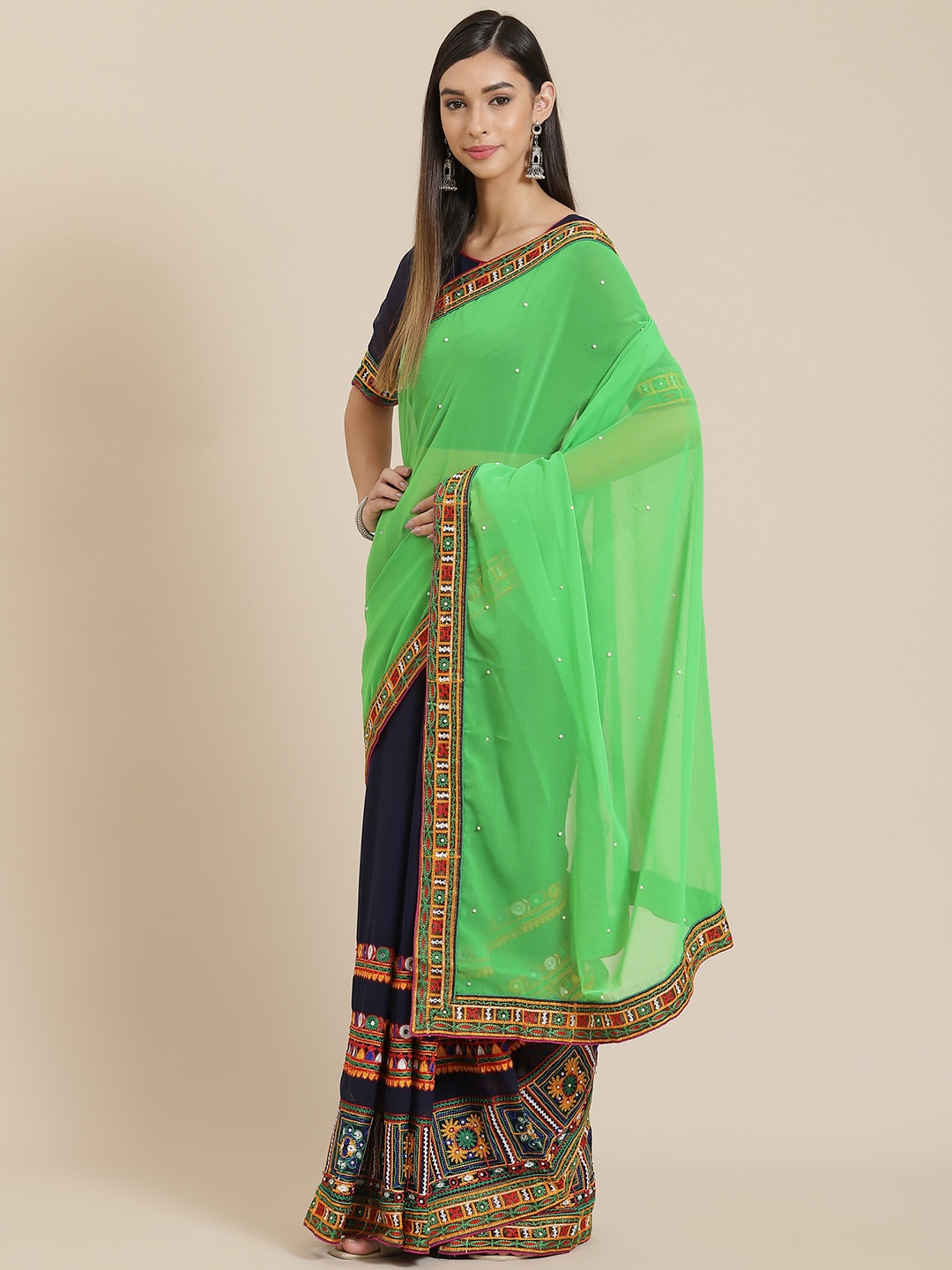 

SERONA FABRICS Green & Navy Blue Embellished Kutchi Embroidery Pure Georgette Half and Half Saree