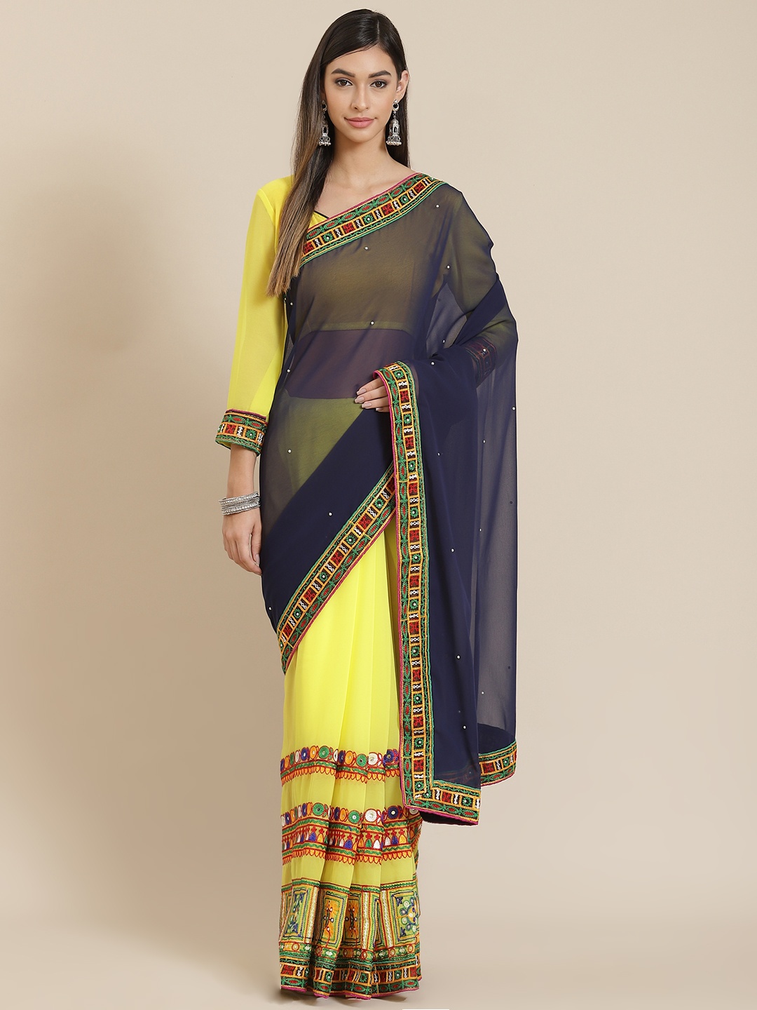 

SERONA FABRICS Navy Blue & Yellow Embellished Kutchi Embroidery Pure Georgette Half and Half Saree